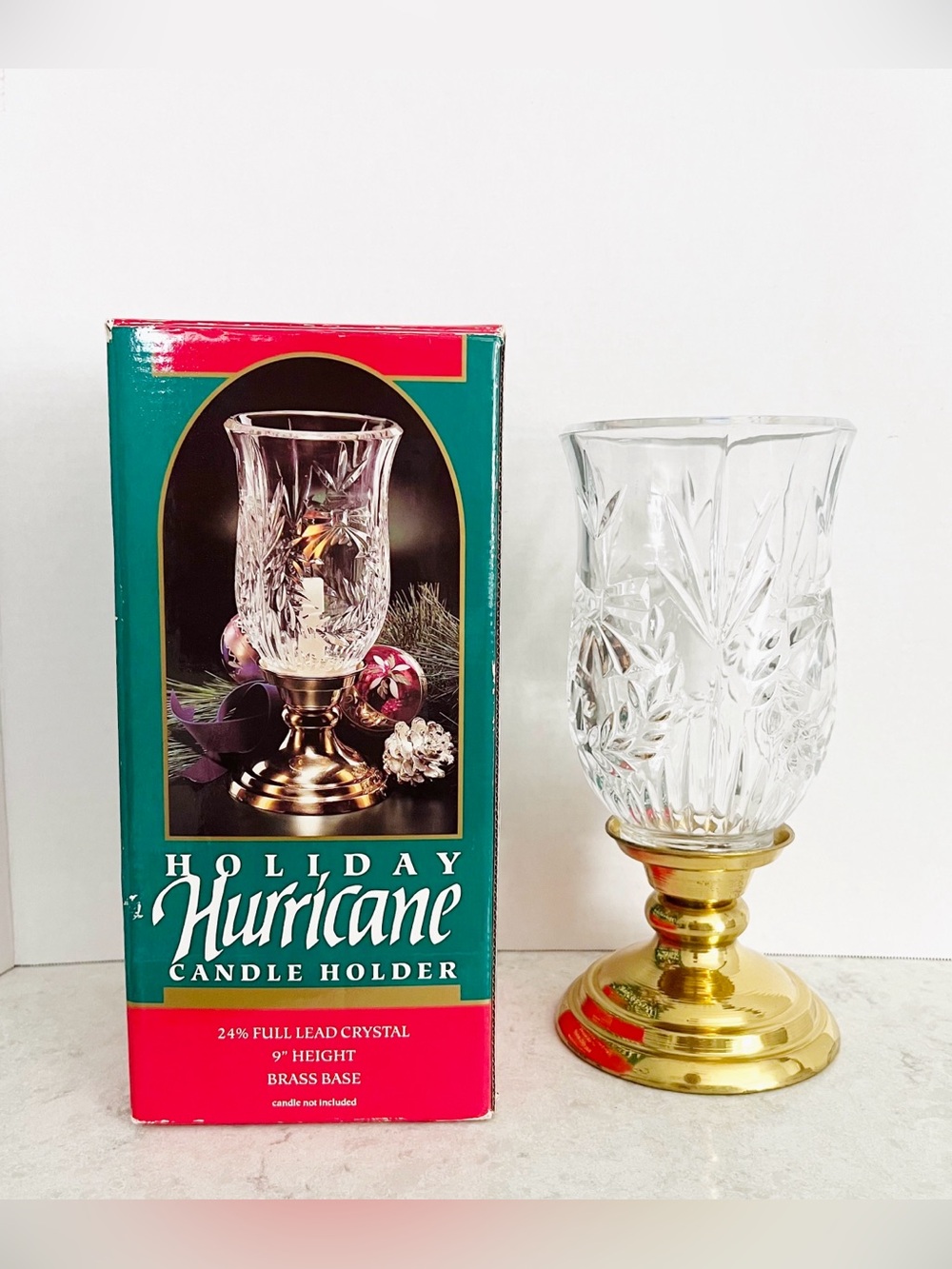 St George Lead Crystal Christmas Holiday Hurricane Candle Holder With Brass Base